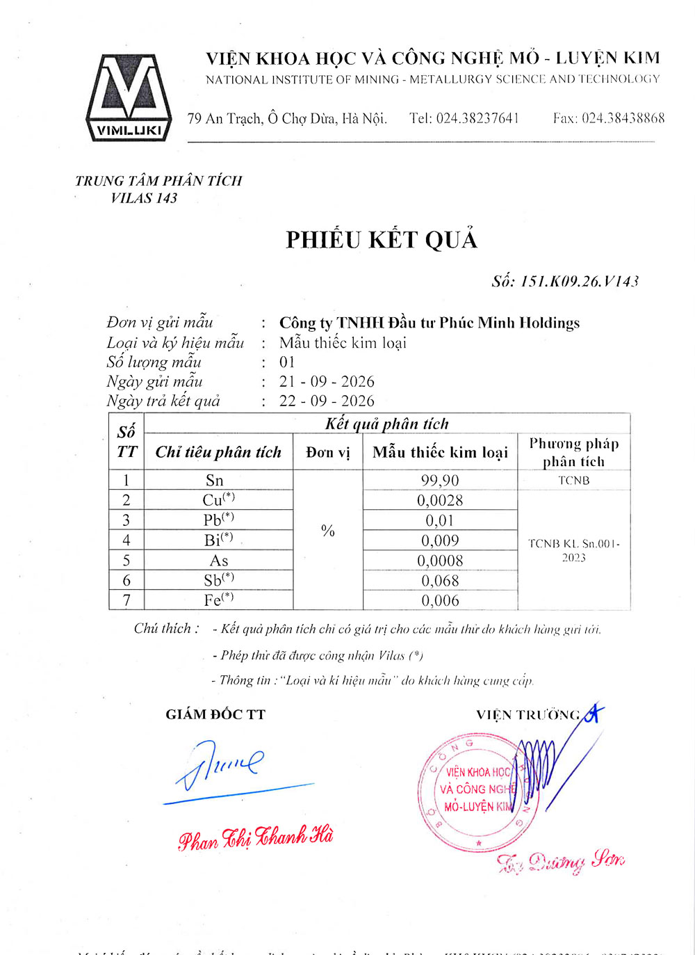 Phieu ket qua phan tich thiec Sn 99.90 phan tram Vien Khoa hoc va Cong nghe Mo Luyen kim VIMLUKI Phuc Minh Holdings