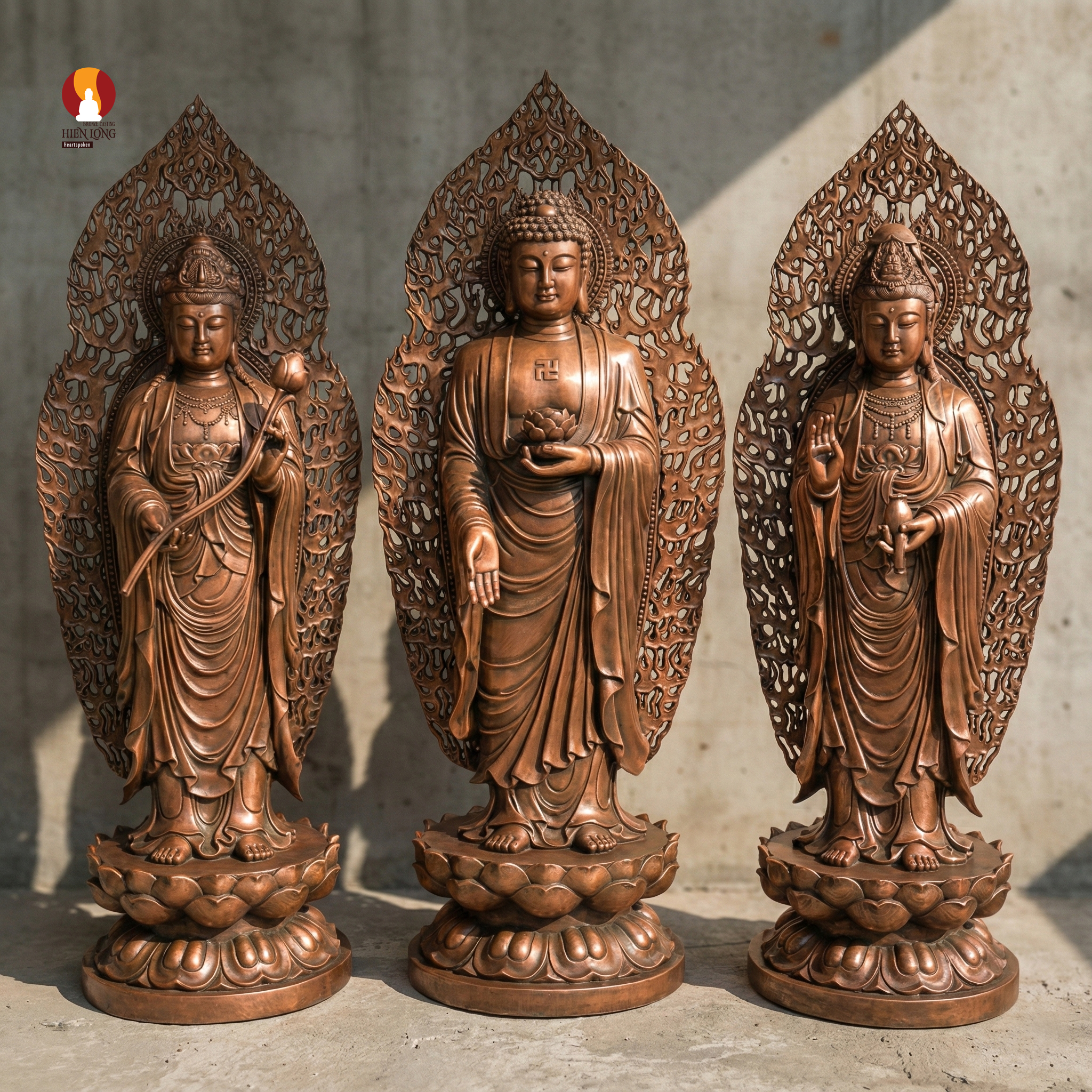 Bộ tượng Tây phương Tam thánh tiếp dẫn - Hào quang vô lượng - Sắc diện từ bi