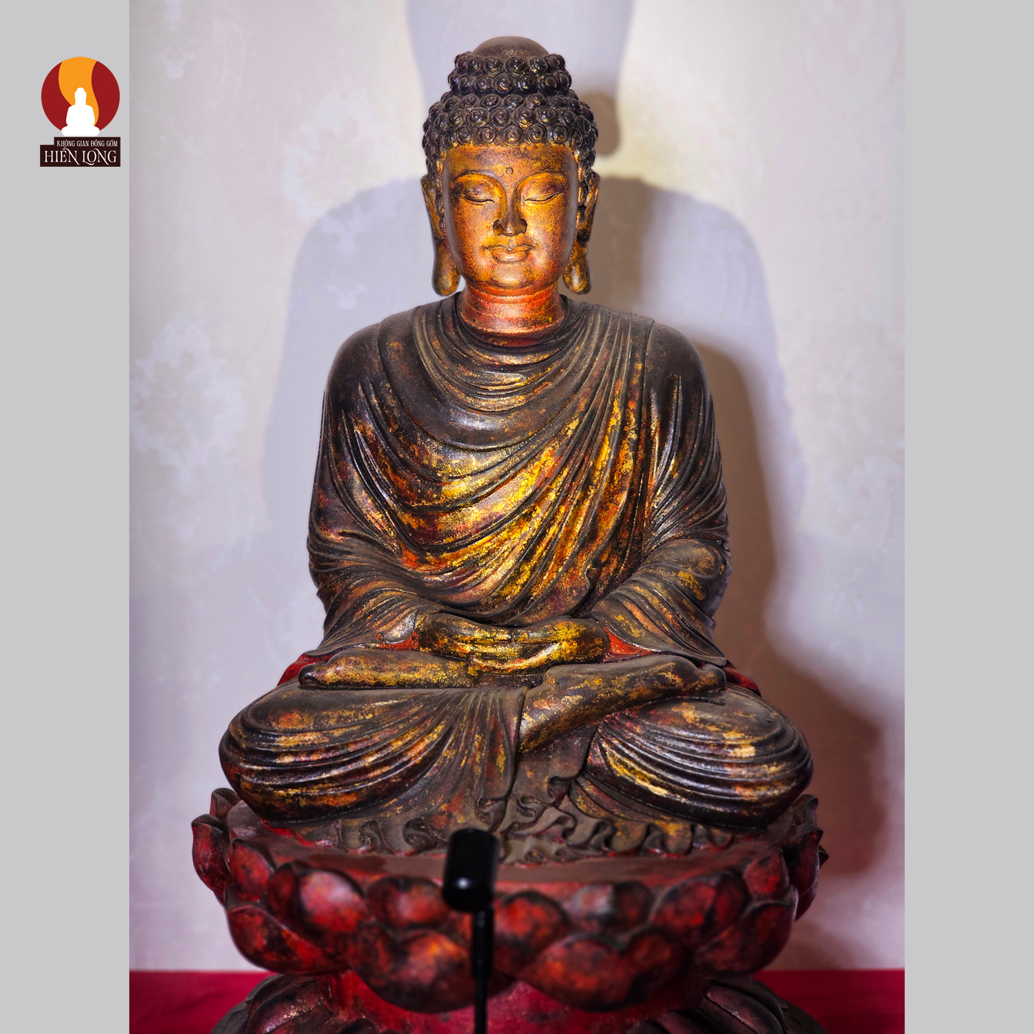 Tượng Phật Thích Ca tọa Thiền thờ trong Chùa hoặc tại nhà riêng, đồng đỏ giả gỗ cổ