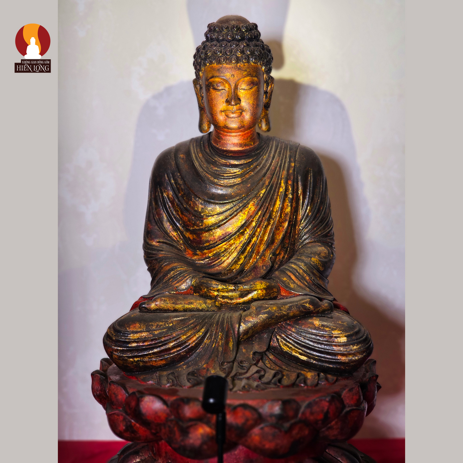 Tượng Phật Thích Ca tọa Thiền thờ trong Chùa hoặc tại nhà riêng, đồng đỏ giả gỗ cổ