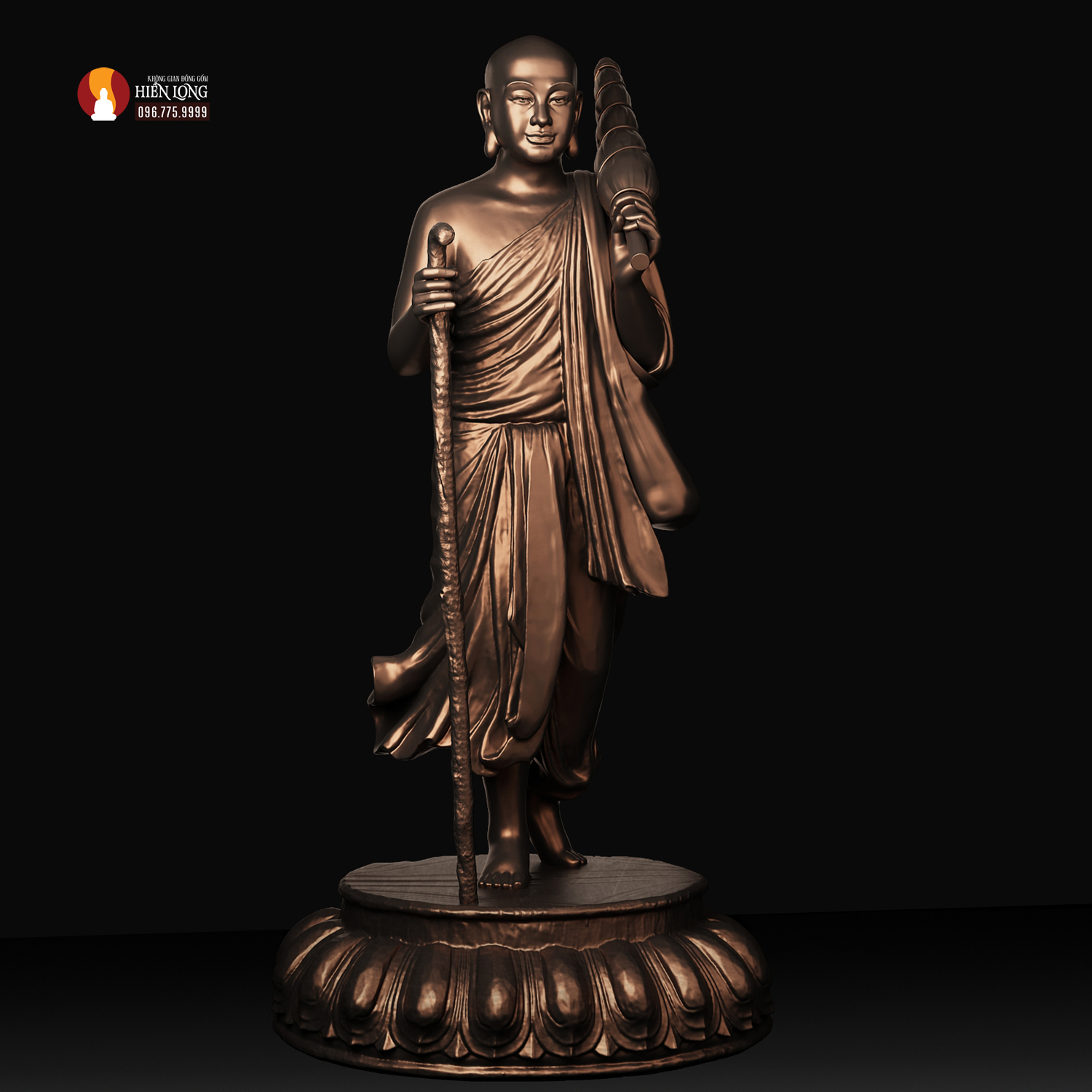 Tượng Thánh tăng Sivali đứng thờ trong Chùa, đồng đỏ, phủ sơn bảo vệ