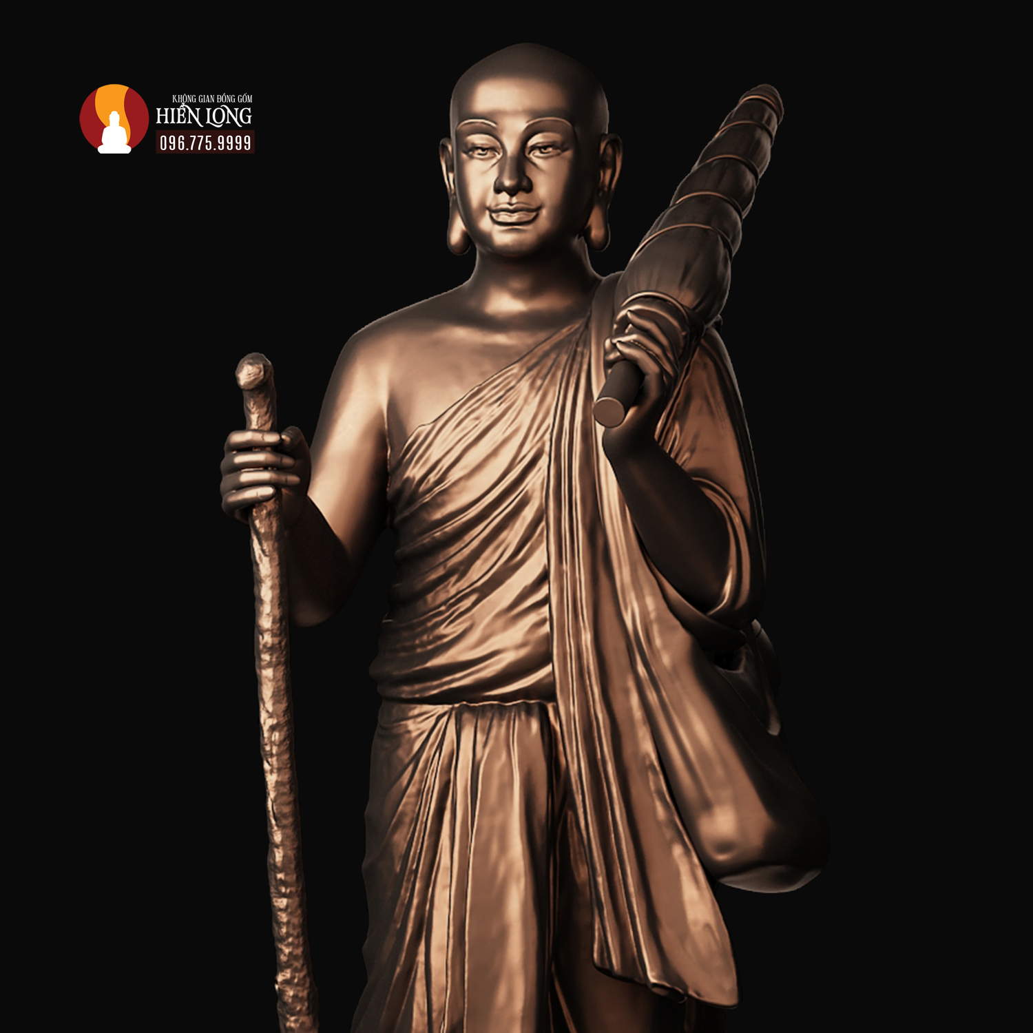 Tượng Thánh tăng Sivali đứng thờ trong Chùa, đồng đỏ, phủ sơn bảo vệ