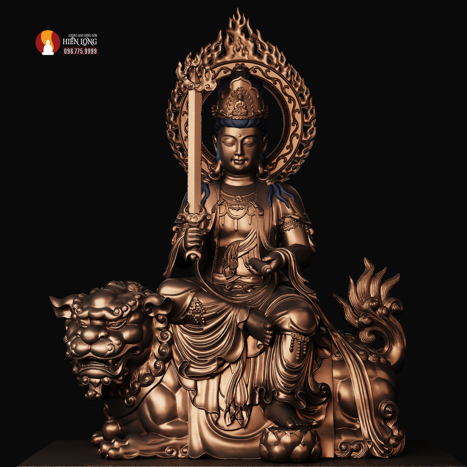 Tượng Văn thù Sư lợi Bồ tát ngồi trên Sư tử đồng đỏ thờ trong chùa phủ sơn bảo vệ