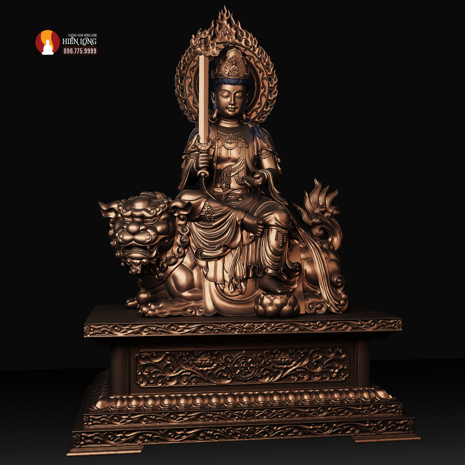 Tượng Văn thù Sư lợi Bồ tát ngồi trên Sư tử đồng đỏ thờ trong chùa phủ sơn bảo vệ