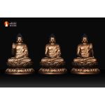 Bộ tượng Tam Thế Phật ngồi thờ trong Chùa, đồng đỏ phủ sơn bảo vệ