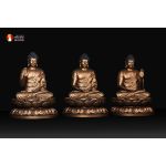 Bộ tượng Tam Thế Phật ngồi thờ trong Chùa, đồng đỏ phủ sơn bảo vệ