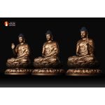 Bộ tượng Tam Thế Phật ngồi thờ trong Chùa, đồng đỏ phủ sơn bảo vệ