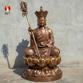 Tượng Địa tạng Vương Bồ tát ngồi - Tích Trượng Khai Môn - Minh Châu Soi Lối - Đồng đỏ thếp điểm vàng 24k
