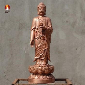 Tượng Phật A Di Đà đứng tiếp dẫn thờ trong Chùa, đồng đỏ phủ sơn bảo vệ