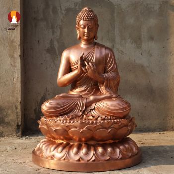 Tượng Phật Thích Ca lối nguyên thủy thủ ấn chuyển pháp luân thờ trong Chùa, đồng đỏ mẫu 1