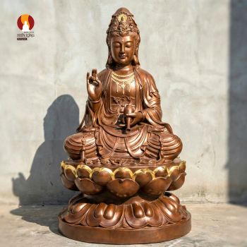 Tượng Quan âm Bồ tát ngồi - Diện tướng từ bi - Đồng đỏ thếp điểm vàng 24k