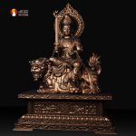 Tượng Văn thù Sư lợi Bồ tát ngồi trên Sư tử đồng đỏ thờ trong chùa phủ sơn bảo vệ