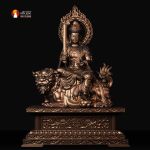 Tượng Văn thù Sư lợi Bồ tát ngồi trên Sư tử đồng đỏ thờ trong chùa phủ sơn bảo vệ