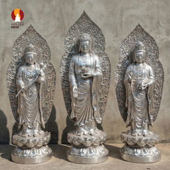 Bộ tượng Tây Phương Tam Thánh - Hào quang tiếp dẫn - Giải Pháp Đồng Bộ Cho Chánh Điện Lớn: Tuyệt Tác Điêu Khắc - Nhẹ Nhàng Lắp Đặt - Chi Phí Tối Ưu